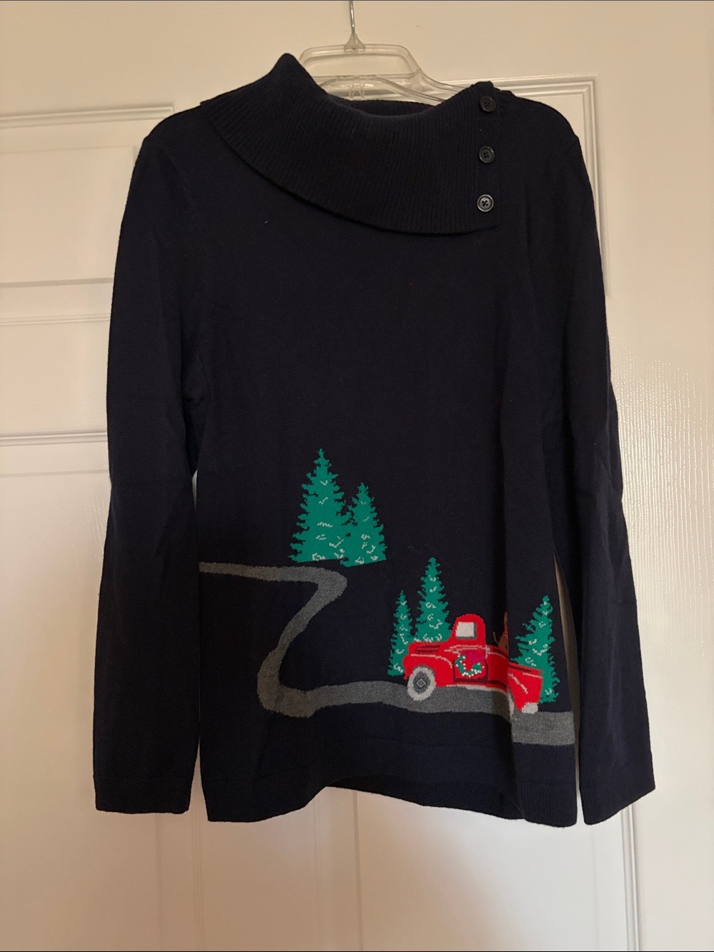 Talbots Navy Knit Sweater with Red Truck and Green Trees